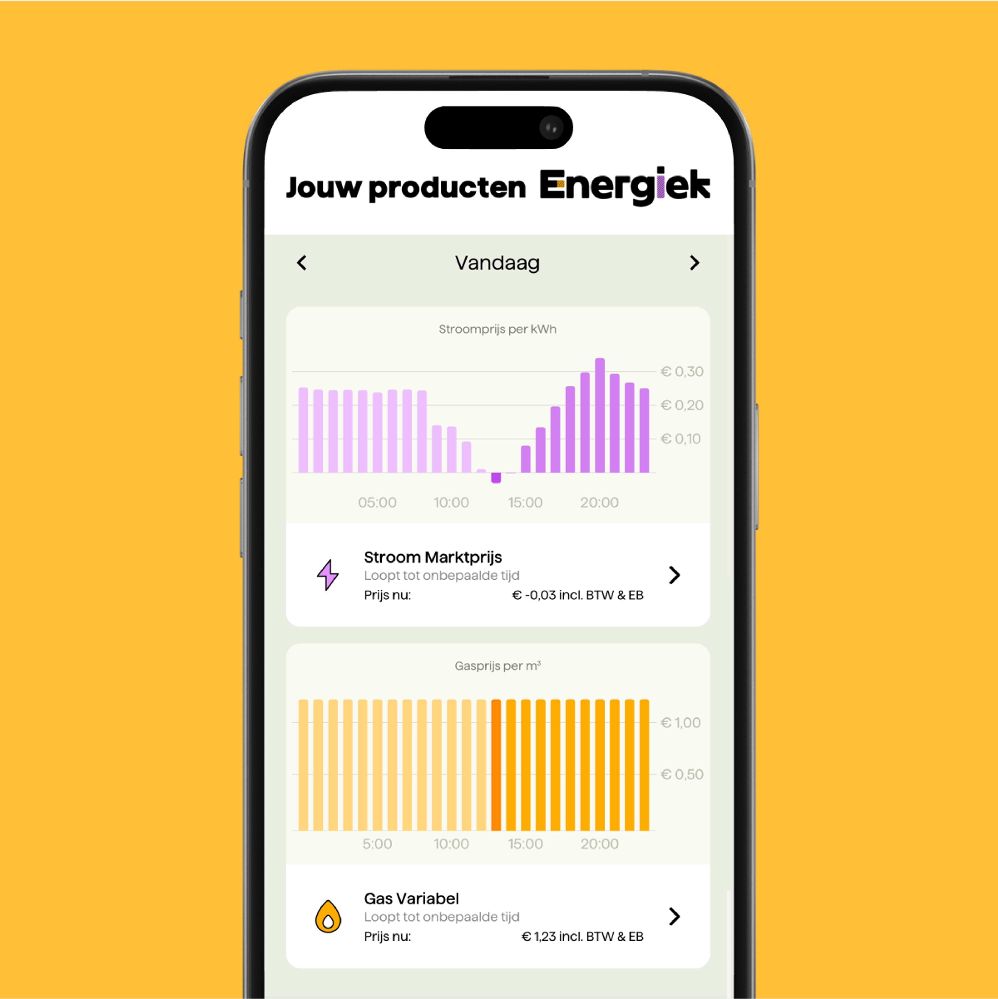 Heb je een dynamisch contract? Dan zie je in de app makkelijk wanneer stroom en gas het goedkoopst zijn. Zo weet je precies wanneer je slim kunt verbruiken en maximaal bespaart op je energie.